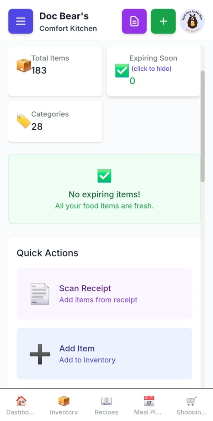 Comfort Kitchen dashboard showing 183 items tracked across 28 categories, no items expiring soon, and quick actions to scan a receipt or add an item.