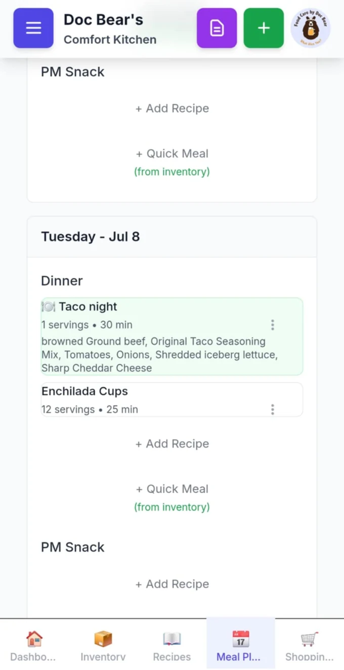 Comfort Kitchen meal plan showing a week with dinners scheduled, each recipe listing its servings, cooking time and main ingredients.