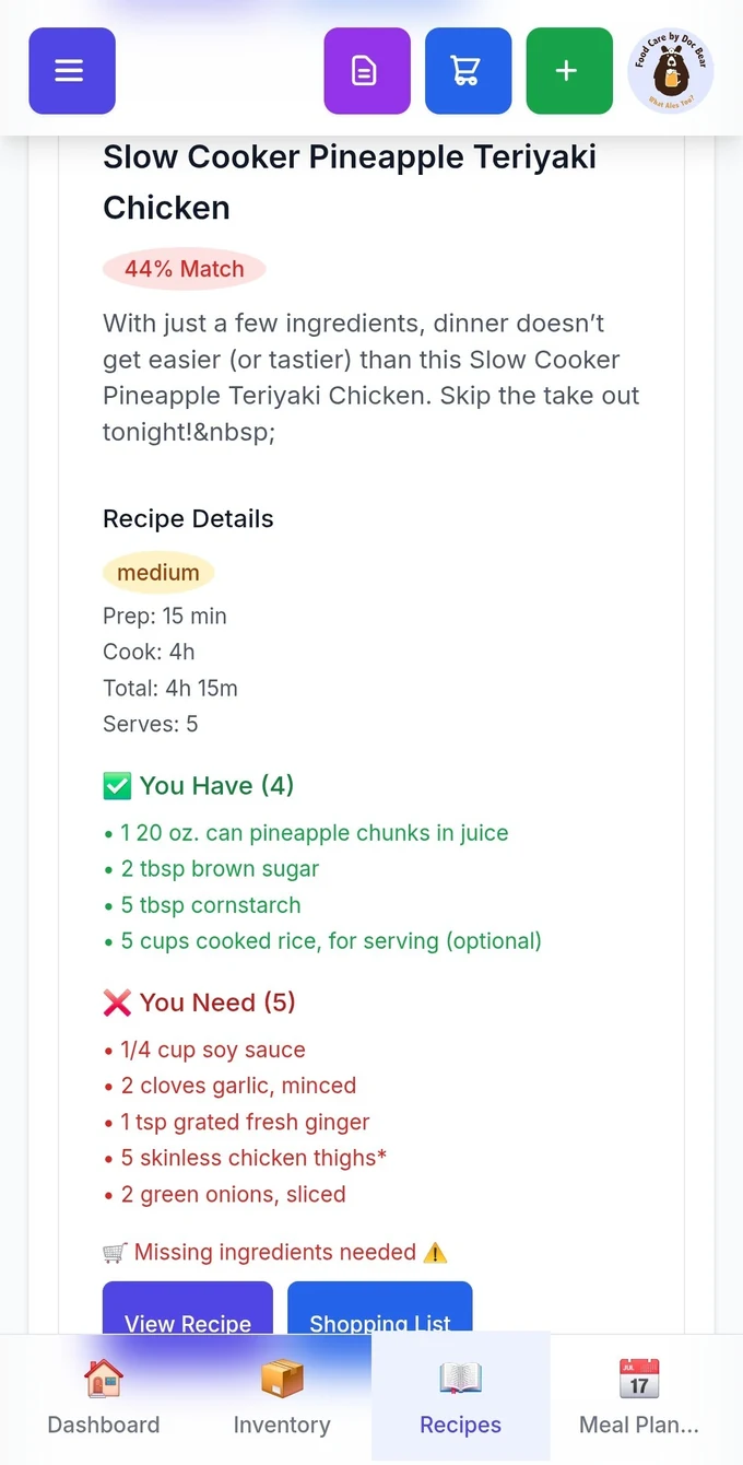 Comfort Kitchen recipe screen showing a slow cooker recipe scored at 44 percent match, with four ingredients you already have listed in green and five you need listed in red.