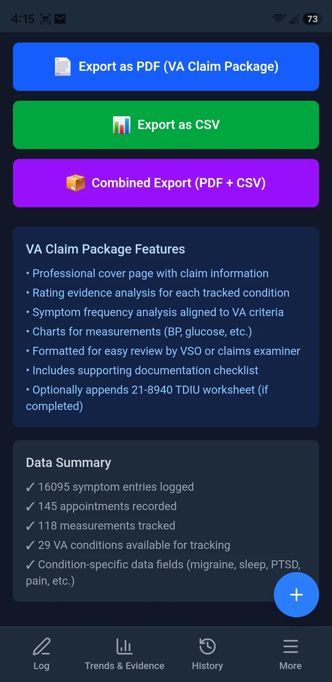 Symptom Vault export screen showing VA Claim Package features including rating evidence analysis, symptom frequency aligned to VA criteria, and an optional 21-8940 TDIU worksheet.