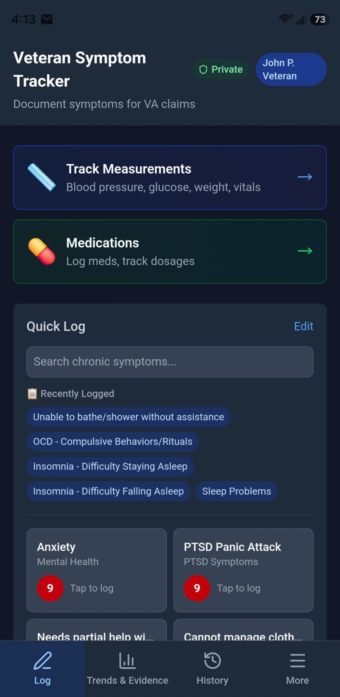 Symptom Vault log screen showing Quick Log with recently logged entries including insomnia, OCD compulsive behaviors, and inability to bathe without assistance, each with a severity score.